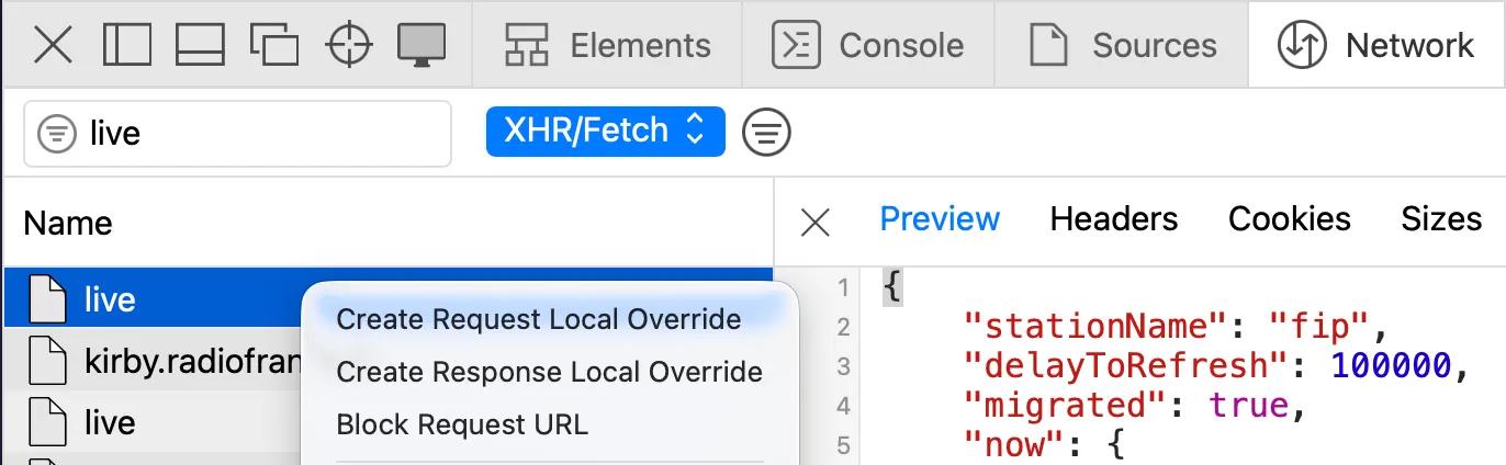 Safari devtools on the network tab with a dropdown menu opened to create a network override