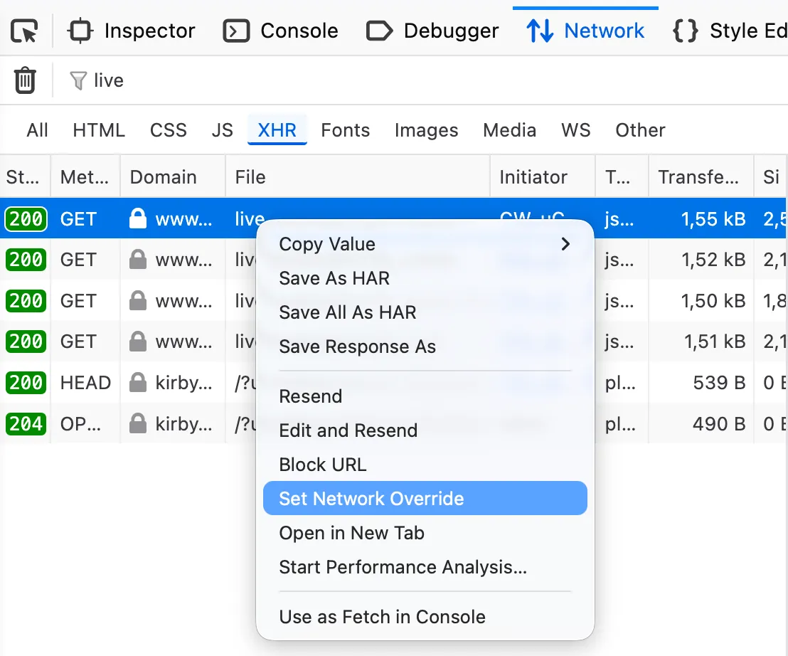 Dropdown menu to create a network override in Firefox