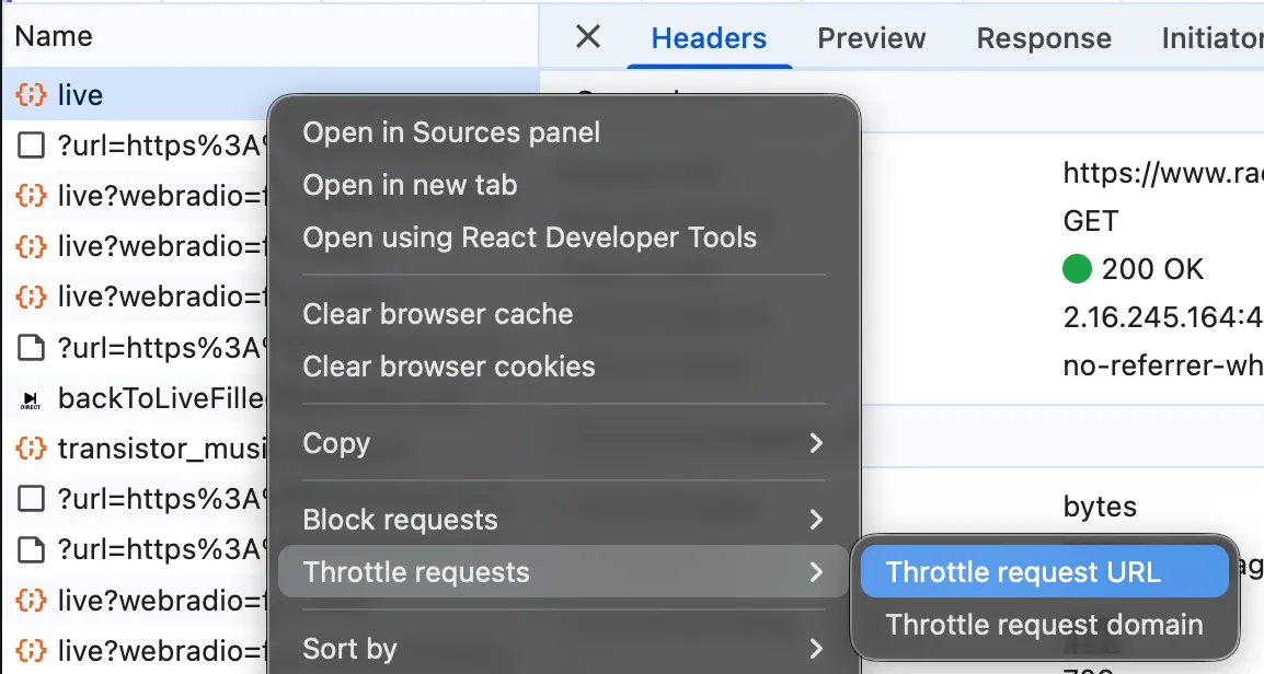 Dropdown menu to throttle a request in Chrome