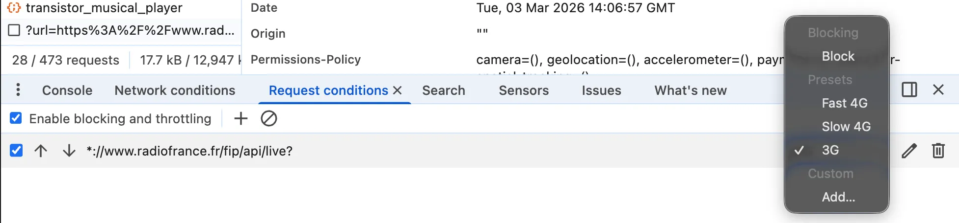 Dropdown menu to pick the slowdown level of a request in Chrome