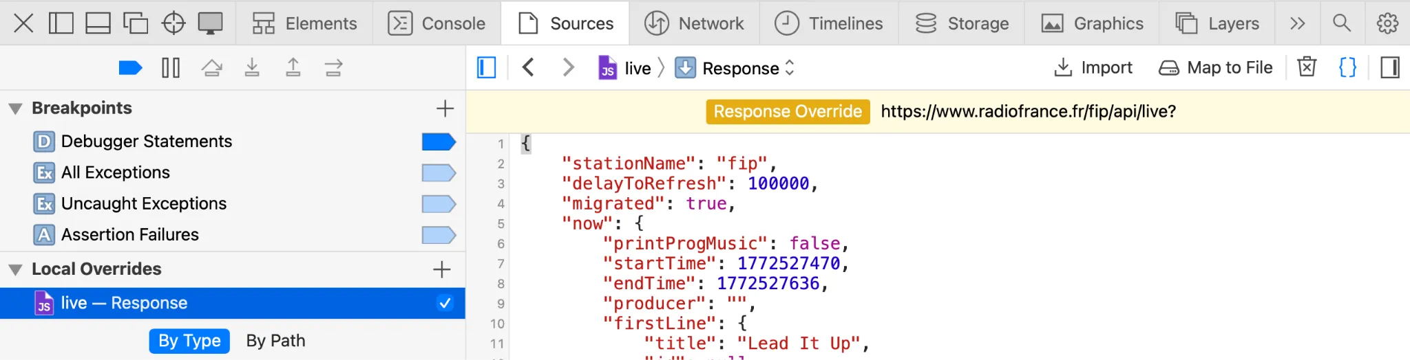 Safari devtools on the sources tab with a sub-tab for local overrides