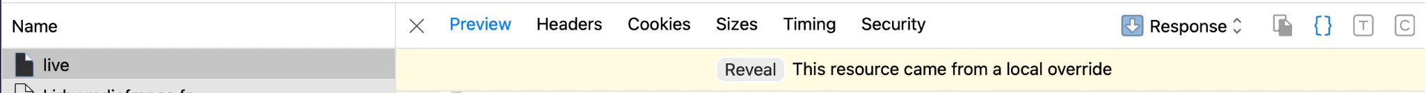 Banner saying that a network call is overridden in Safari