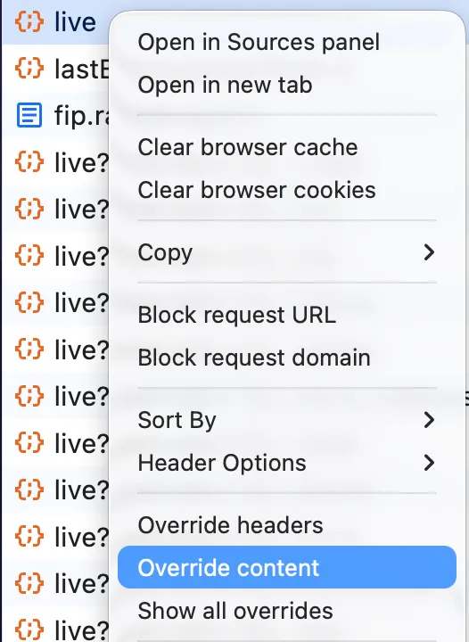 Dropdown menu to create a local override in Chrome