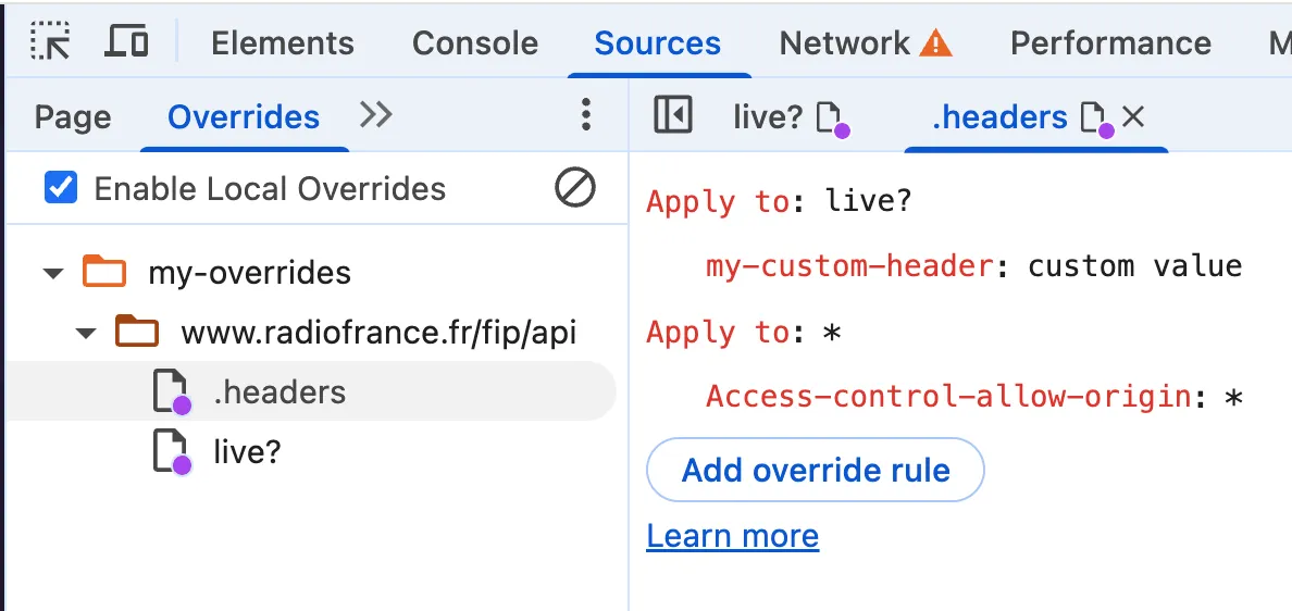 Headers override in Chrome